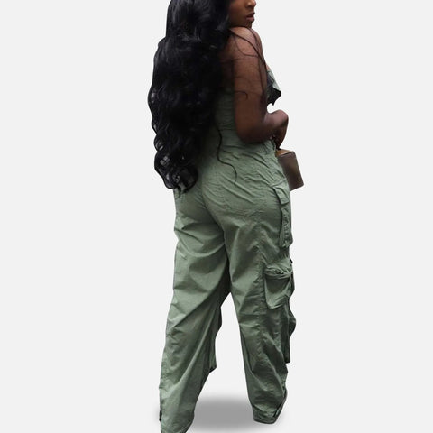 Women's Sexy Off Shoulder Tube Denim Cargo Jumpsuits Wide Leg Baggy Loose Jean Pants Rompers Overalls Control Too Pants