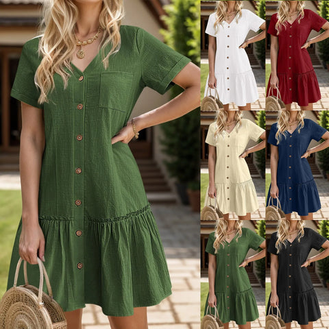 Female Dresses Outfits Women Button Down Dress Loose Summer Cotton Linen Shirt Dress Ruffle Casual Tunic Dress платье женское