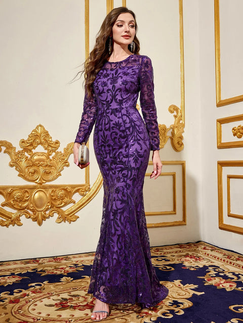 Party Dresses Luxury Women Sequin Dress Purple Round Neck Long Evening Dress Long Sleeved Dress Celebrity Evening Dress Glitter