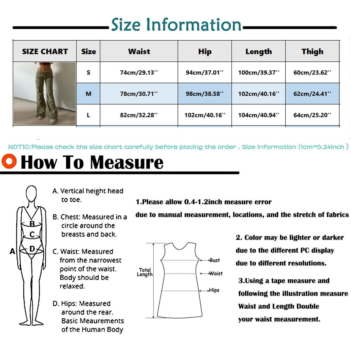 Low-Rise Drawstring Cargo Pants size chart