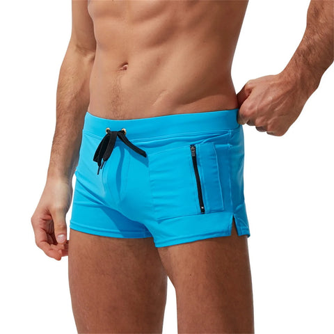 Swimming Trunks Mens Swim Boxer Briefs Swimwear Young Man Swimsuit Beach Wear Surfing Bathing Suit Zipper Pocket Shorts