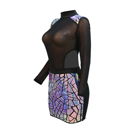 Women Full Sleeve Sequined Tassel Mini Dress Mesh See Through Sexy Evening Night Club Party Dresses Vestidos 2024 Autumn