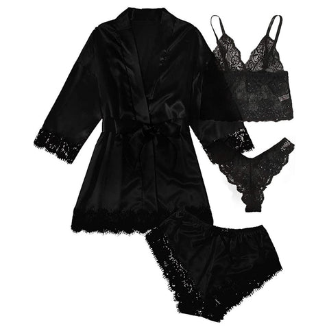 Women' Silk Satin Pajamas Set 4pcs Lingerie Floral Lace Sleepwear With Robe Nightgown Long