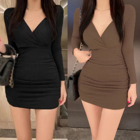 Long Sleeved Sexy Dress Women Clothing Autumn Winter Tight Fitting Skirt Appear Thin Wrap Buttocks Dresses