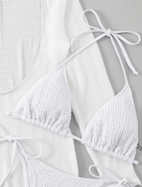 2025 Beach Skirt Swimsuit Women White Three-Piece Bikini Sexy Mesh Long Sleeve Hollow Out Bathing Suit Swimwear Summer Beachwear