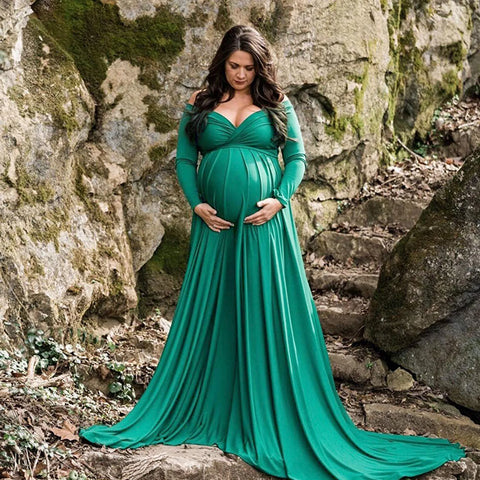 Womens Maternity Dress Sexy Off Shoulders Long Sleeve Photography Pregnants Dresses Solid Color Princess Dress Photo Props