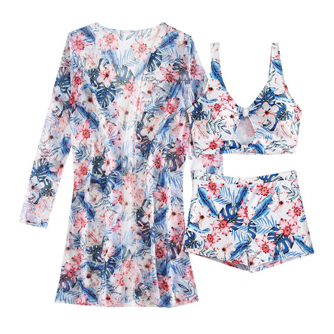 Brazilian Bikini Set Women Floral Printed Beach Wear Three Piece Push Up Cover Up Swimsuit Sexy Swimming Suit 2024 Bathing Suit