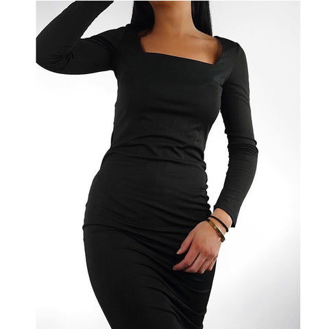 Solid Bridesmaid Cocktail Party Dress Square Neck Long Sleeve Casual Wrap Dress Workwear Office Lady Bodycon Midi Dresses