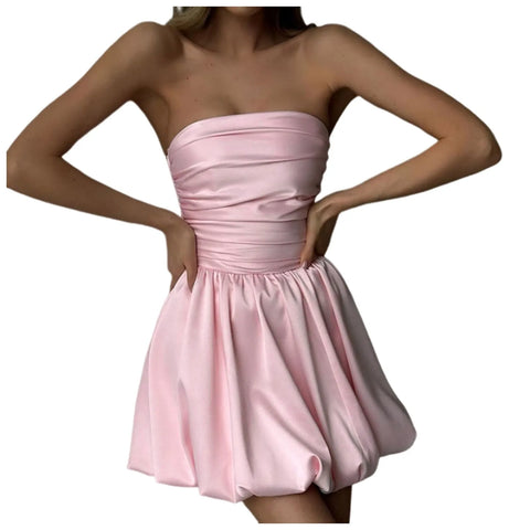 Charm Satin Dress For Women Puffy Spaghetti Strap Ruched Bubble Dresses Elastic Plus Size Vestidos Evening Party Chic Clothes