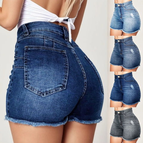 Vinatge Denim Shorts Sexy Women Ripped High Waist Short Jeans with Pockets Fringed Stretchy Summer Retro Jean Shorts Streetwear
