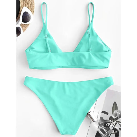 Women's Solid Spaghetti Strap Bralette Bikini Set Two Piece Swimsuit