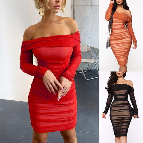 Elegant Formal Dress Women's Sexy Off Shoulder Long Sleeve Graceful And Chic Pleated Dress Evening Party Dresses For Women 2023