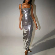 Sliver Sequins Formal Evening Dress for Women Fashion Square Neck SKinny Sleeveless Maxi Dress Female Bodycon Party Dresses