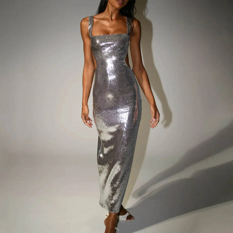 Sliver Sequins Formal Evening Dress for Women Fashion Square Neck SKinny Sleeveless Maxi Dress Female Bodycon Party Dresses