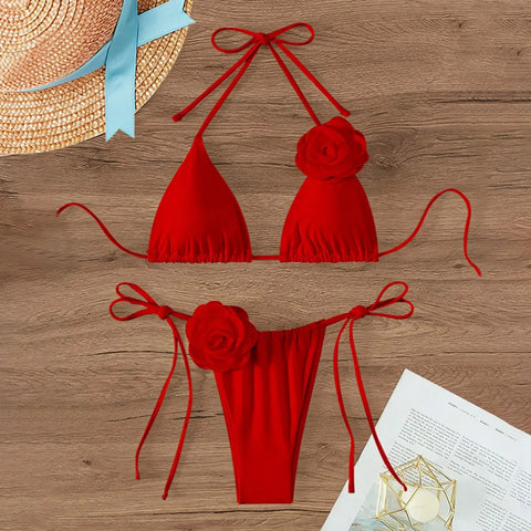 Halter 3D Rose Flower Decor Brazilian Bikini Women Sexy Low Waist Lace Up Split Two Pieces Swimwear Female Bathing Suits Swim