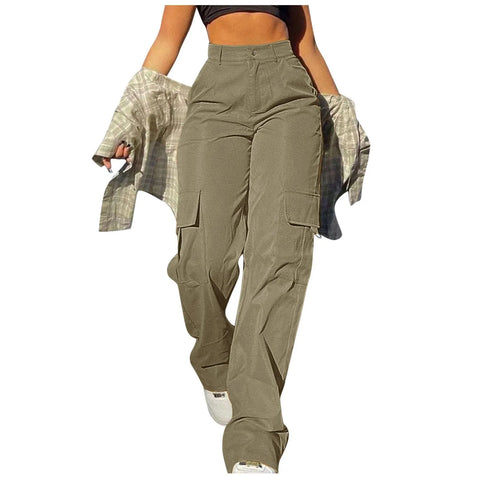 Women's Loose Cargo Pants High Waist Wide Leg Solid Color Full Length Trousers with Pockets Casual All Seasons Long Pants