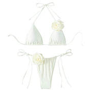 Halter 3D Rose Flower Decor Brazilian Bikini Women Sexy Low Waist Lace Up Split Two Pieces Swimwear Female Bathing Suits Swim