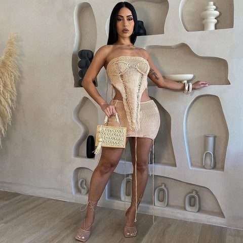 Echoine Irregular RibbonStrapless Crop Top and Mini Skirt Summer Knit Hollow Out See Through Matching Set  Two Piece Set Outfits