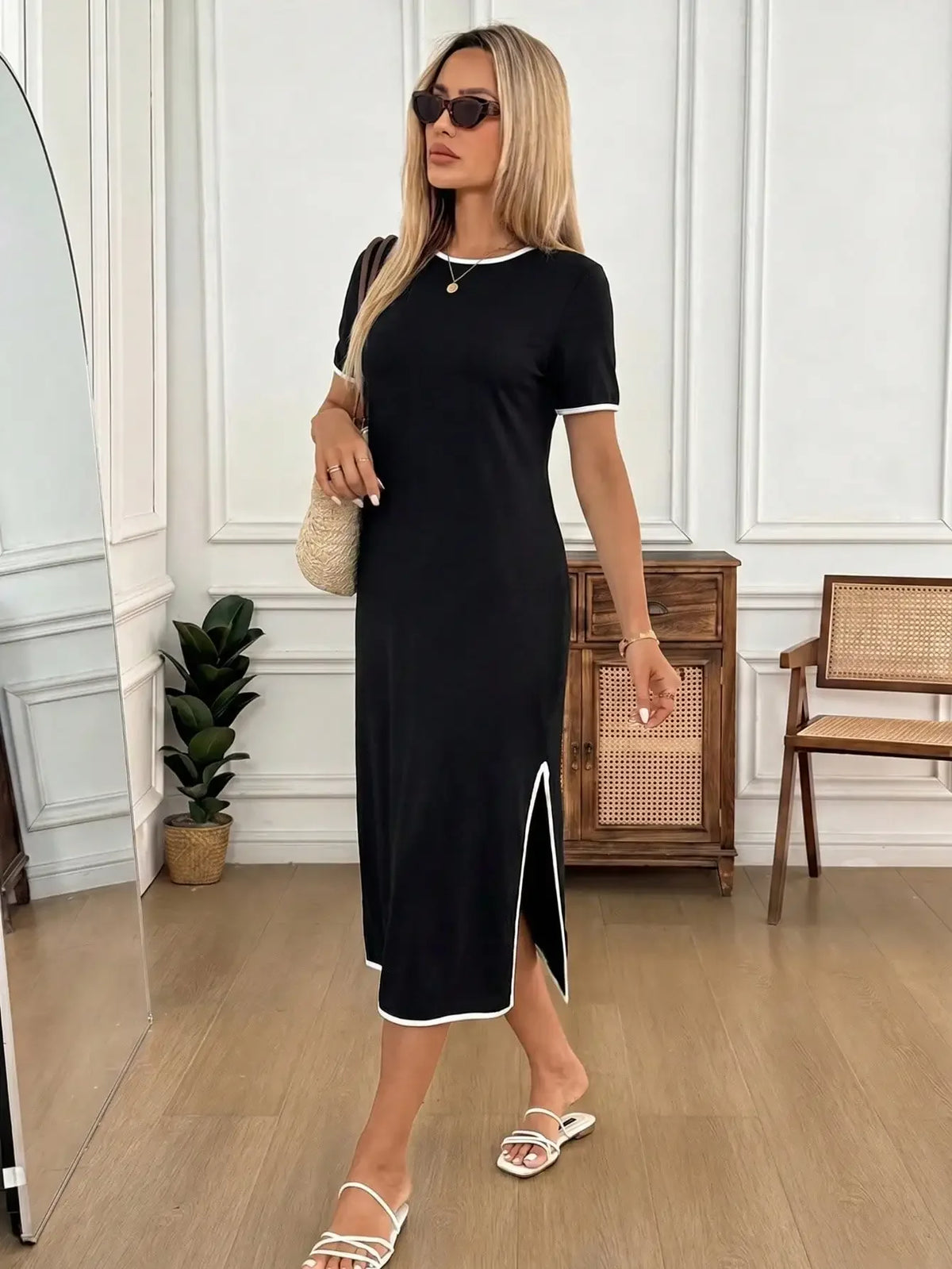 Contrast-Trim Side-Slit Midi T-Shirt Dress – view 4 of 12