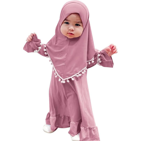 Girl Muslim Dress With Hijab For Newborn Infant Girls 0-6 Years Prayer Dress Muslim Clothes Long Sleeve Muslim Robe+Headscarf