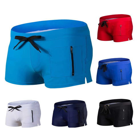 Swimming Trunks Mens Swim Boxer Briefs Swimwear Young Man Swimsuit Beach Wear Surfing Bathing Suit Zipper Pocket Shorts