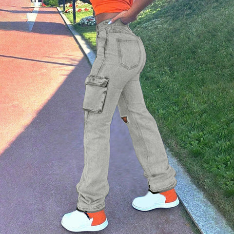 Women'S Jeans New Trendy Fall Wholesale Casual Washed Baggy Pocket Cargo Straight Trousers Jeans Ladies Streetwear Black Denim