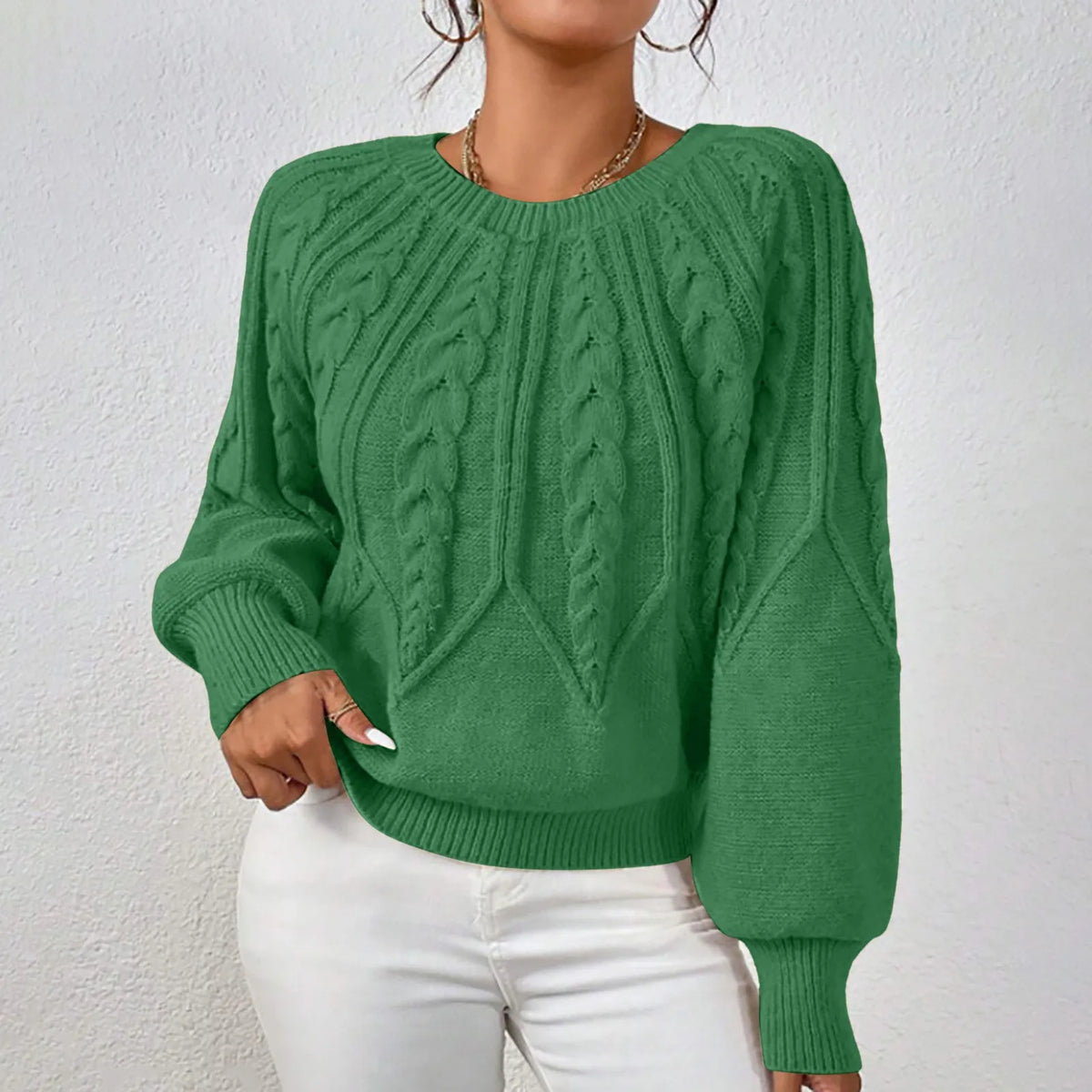 Cable Knit Puff Sleeve Crewneck Sweater – view 19 of 20