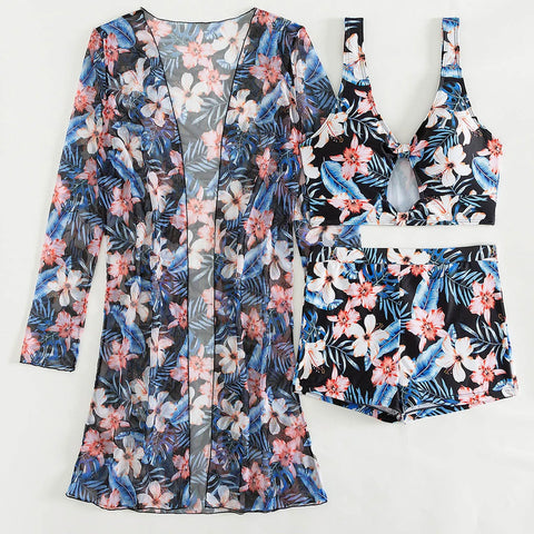 Brazilian Bikini Set Women Floral Printed Beach Wear Three Piece Push Up Cover Up Swimsuit Sexy Swimming Suit 2024 Bathing Suit