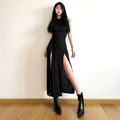Trendy Hooded Sleeveless Long Dress Korean Style Ladies Lace Up Bodycon Sexy Split Dress Gothic Hip Hop Grunge Maxi Dress