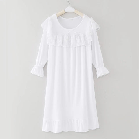 Kids Girls Lace Dress Children Nightdress Solid Color Ruffle Autumn Long Sleeve White Princess Dress Home Robe Sleepwear Vestido
