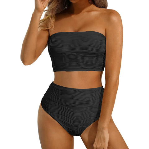 2025 New Bandeau Swimsuit Women High Waist Two-Piece Swimwear Sexy Strapless Bikinis Sets Ladies Bathing Suit Solid Biquini