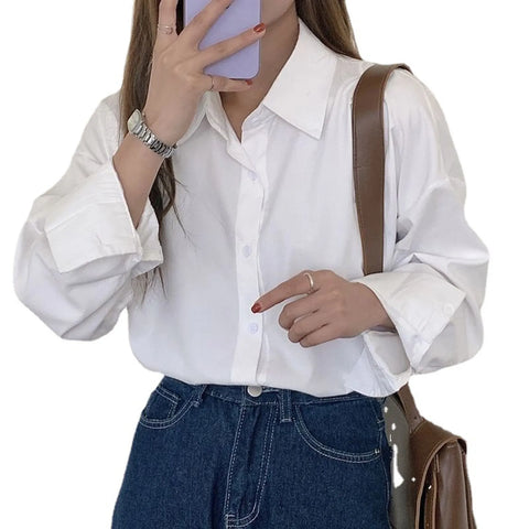 Female Solid Color White Long Sleeved Shirt Spring And Autumn Korean Shirt Loose Casual Blouse Women's Button Up Shirt