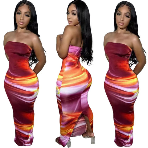 Echoine Tie Dye Print Strapless Skinny Long Dress Women Bodycon Sexy Party Evening Dresses Streetwear Vintage Vestidos Summer