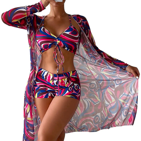3 Pcs/Set Women Bikini Cover Up Set Contrast Color Long Sleeves Cover Up Spaghetti Strap Swimwear Set Water Activity Clothes