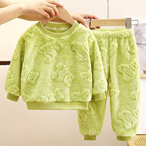 Autumn Winter Kids Thicken Warm Flannel Pajamas Baby Solid Long Sleeve Sleepwear Boys Girls Casual Clothes Sets Homewear Pyjamas