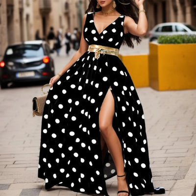 Elastic Waist V Neck Long Dress Sleeveless Print Side Slit Evening Party Dress Ladies Round Dot Printing Casual Sweet dress