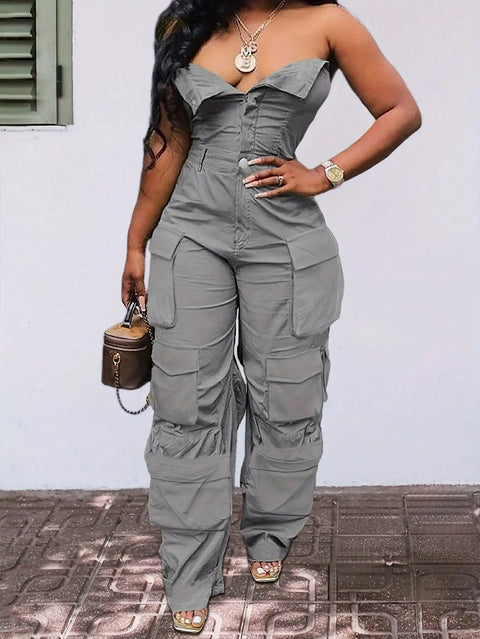 Solid Color Casual Overalls Jumpsuit, Sexy Straight Tube Tube Top Long Jumpsuit, With Pockets, Women's Wear
