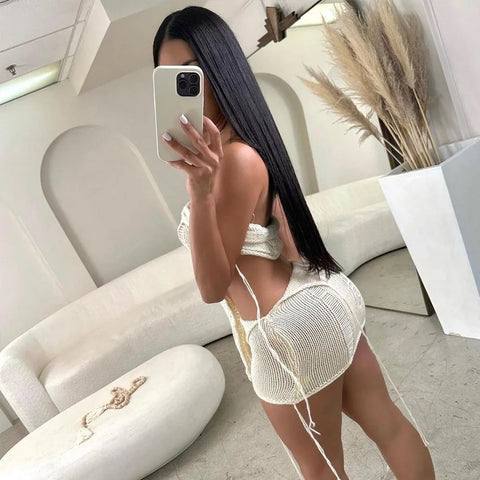 Echoine Irregular RibbonStrapless Crop Top and Mini Skirt Summer Knit Hollow Out See Through Matching Set  Two Piece Set Outfits