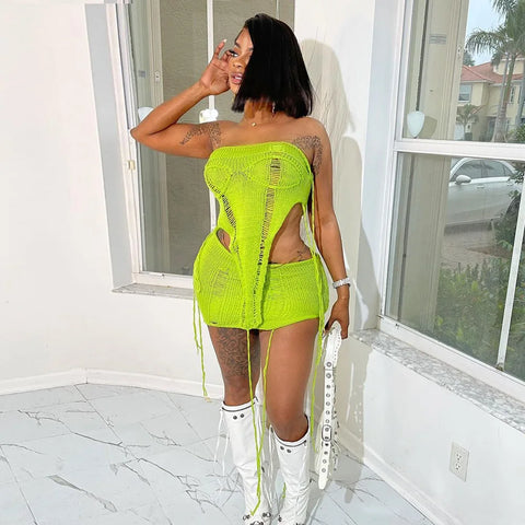 Echoine Irregular RibbonStrapless Crop Top and Mini Skirt Summer Knit Hollow Out See Through Matching Set  Two Piece Set Outfits