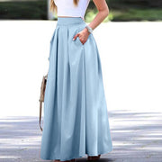 Spring Summer Office Lady Pleated Skirt Women High Waist A Line Floor Length Skirt Faldas With Pockets Solid Baggy Maxi Skirt
