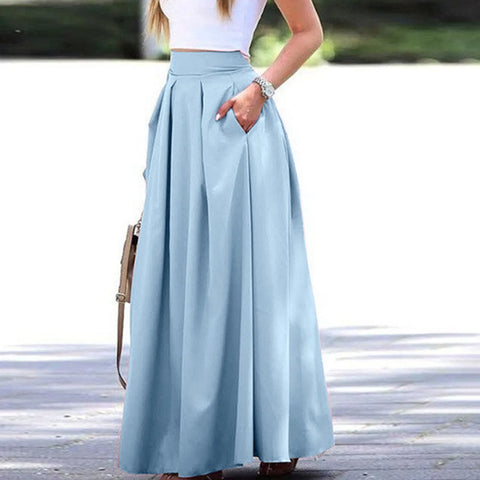 Spring Summer Office Lady Pleated Skirt Women High Waist A Line Floor Length Skirt Faldas With Pockets Solid Baggy Maxi Skirt