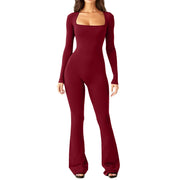 Women Autumn Winter Long Sleeve Bodycon Streetwear Jumpsuit Overall One-Piece Outfit Square Neck Solid Wide Leg Pant Yoga Cloth