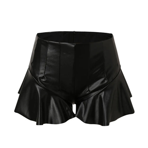 Women Leather Sexy Mini Skirt High Waist Pleated Ruffled Hem Short Hip Pleated Skort Club Shorts Women'S Shorts Outfits Clothing