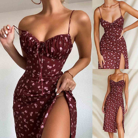 Elegant Classy Flower Print Spaghetti Straps Dresses For Women 2024 Camisole Deep V Neck Suspender Dress Woman Clothing