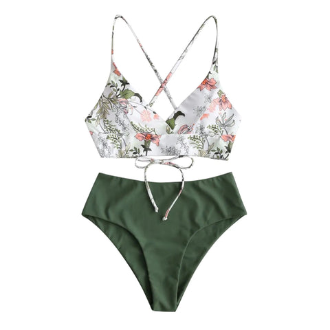 Summer Swimwear Women Bikini Sets Floral Printed Bandage Bathing Suits With Bra Padded Monokini Holiday Conservative Swimsuits