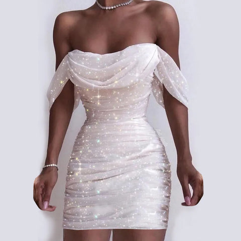 Summer Dress Woman 2025 Women Fashion Off Shoulder Cowl Neck Bandeau Sequined Party Mini Dress Party Dresses Evening Dress