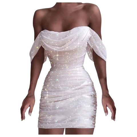 Summer Dress Woman 2025 Women Fashion Off Shoulder Cowl Neck Bandeau Sequined Party Mini Dress Party Dresses Evening Dress