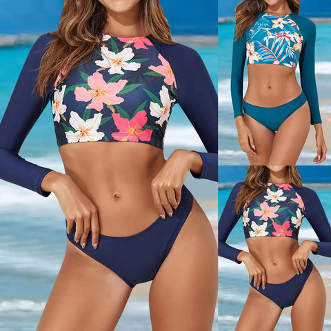 Sexy Floral Print Surf Swimsuit Long Sleeve Two Piece Women Swimwear 2024 Floral Sport Plus Size Female Surfing Bathing Suit