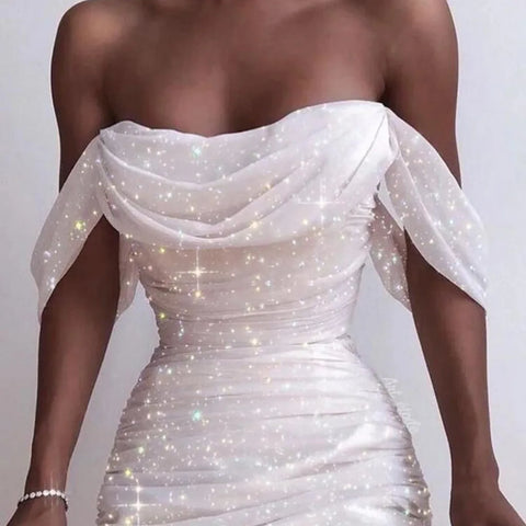 Summer Dress Woman 2025 Women Fashion Off Shoulder Cowl Neck Bandeau Sequined Party Mini Dress Party Dresses Evening Dress