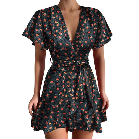 Women'S A-Line Dress V Neck Ruffled Waistband Wrapped With Printed Casual Dress Female Vintage Printing Casual Beach Dresses